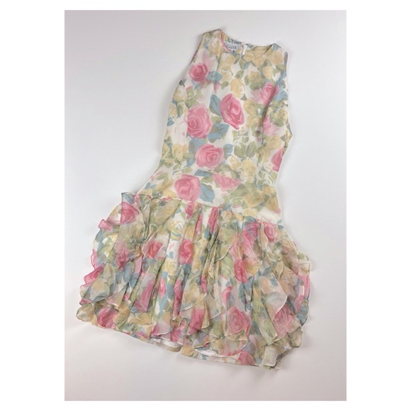 Vintage Silk Gillian Drop Waist Ruffle Floral Dress - Picture 1 of 9